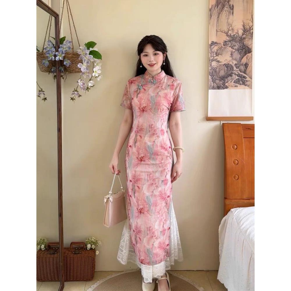修身新淑女国风粉花改良款江南连衣裙感少女短袖旗袍绝美烟雨中式