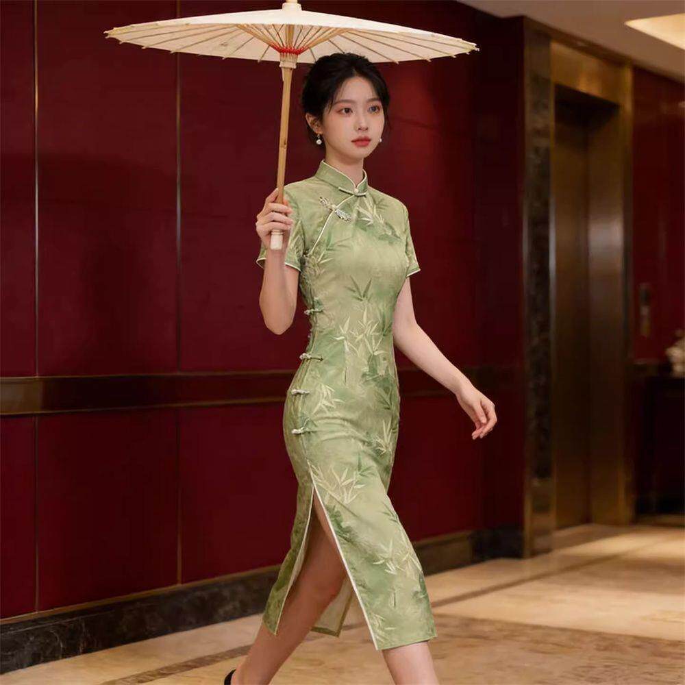气质出片绝美千山淡雅短袖国风中式绿裙新款新淑女连衣裙改良旗袍