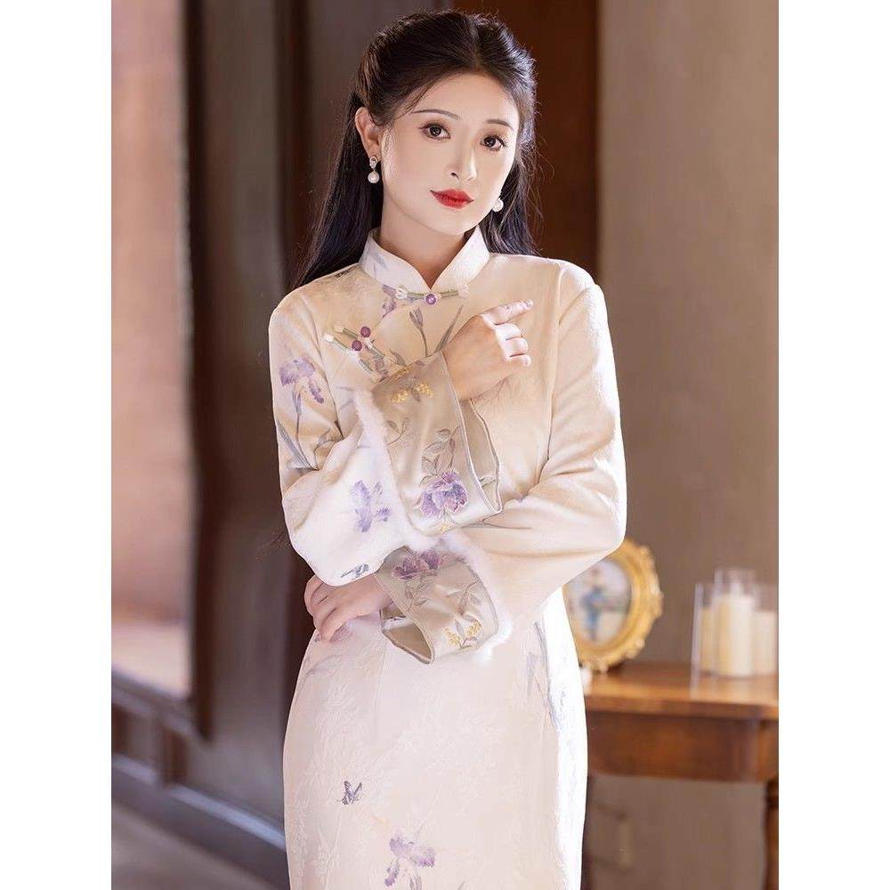 中加厚绝美修身旗袍提花新款复古长裙绝美秋冬改良加绒连衣气质
