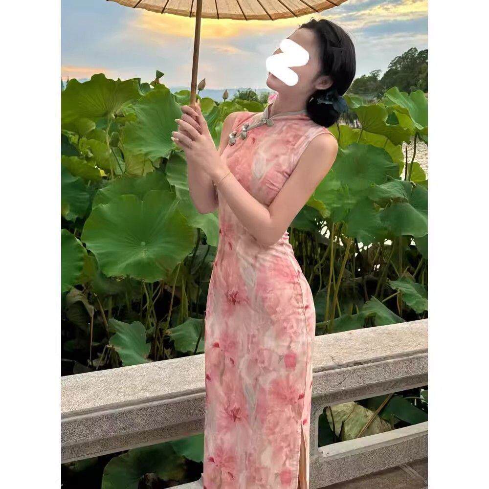 气质淡雅渐变坎肩旗袍礼服气质无袖连衣裙粉色国风春夏改良中长款