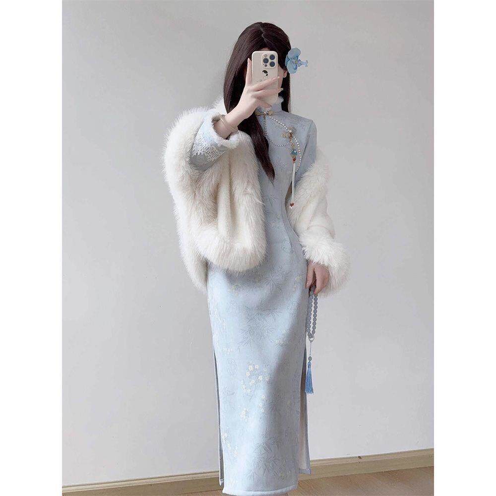 秋冬新款加绒加厚改良旗袍女淡雅蓝色气质复古花纹修身连衣裙