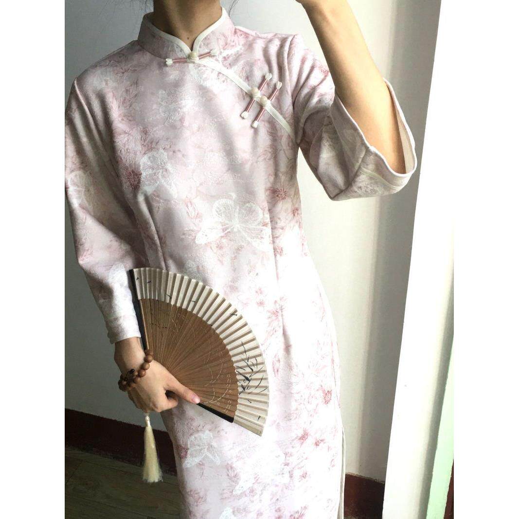 粉色新休闲气质提花裙子国风优雅中式淑女提花旗袍连衣裙改良复古