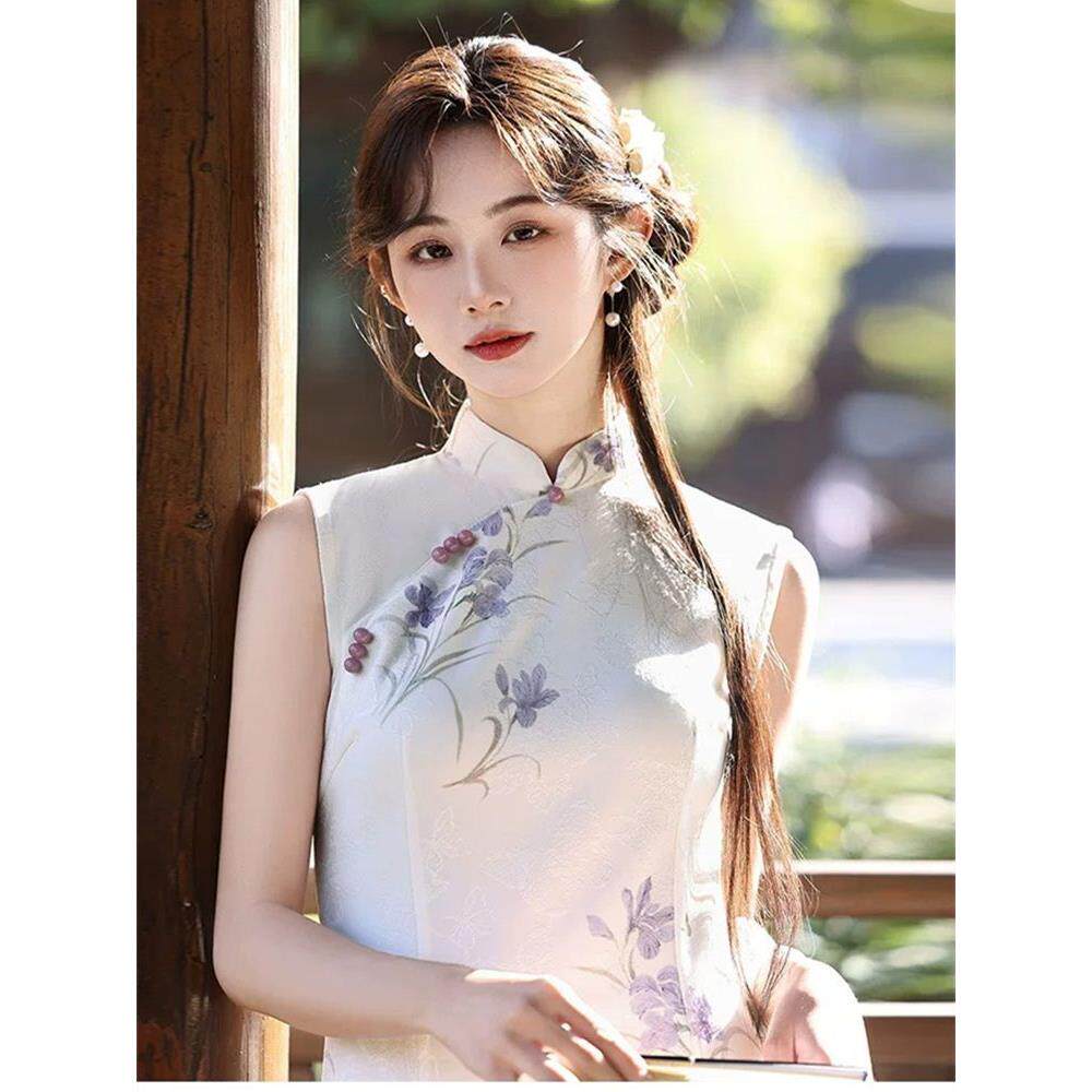 夏季连衣裙无袖印花兰花国风旗袍白紫改良少女温婉开叉气质收腰