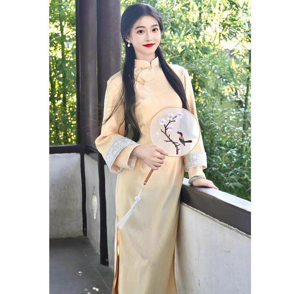 鹅黄色中中式春秋改良复古旗袍长礼服优雅新轻奢旗袍裙连衣裙复古