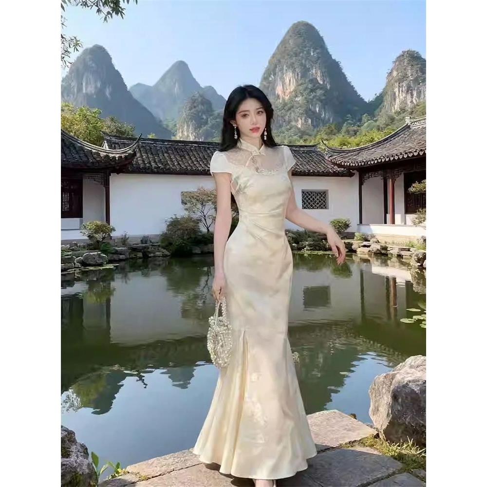 短袖裙蕾丝风鱼尾连衣裙改良提花气质中式旗袍国风新新款温柔镂空