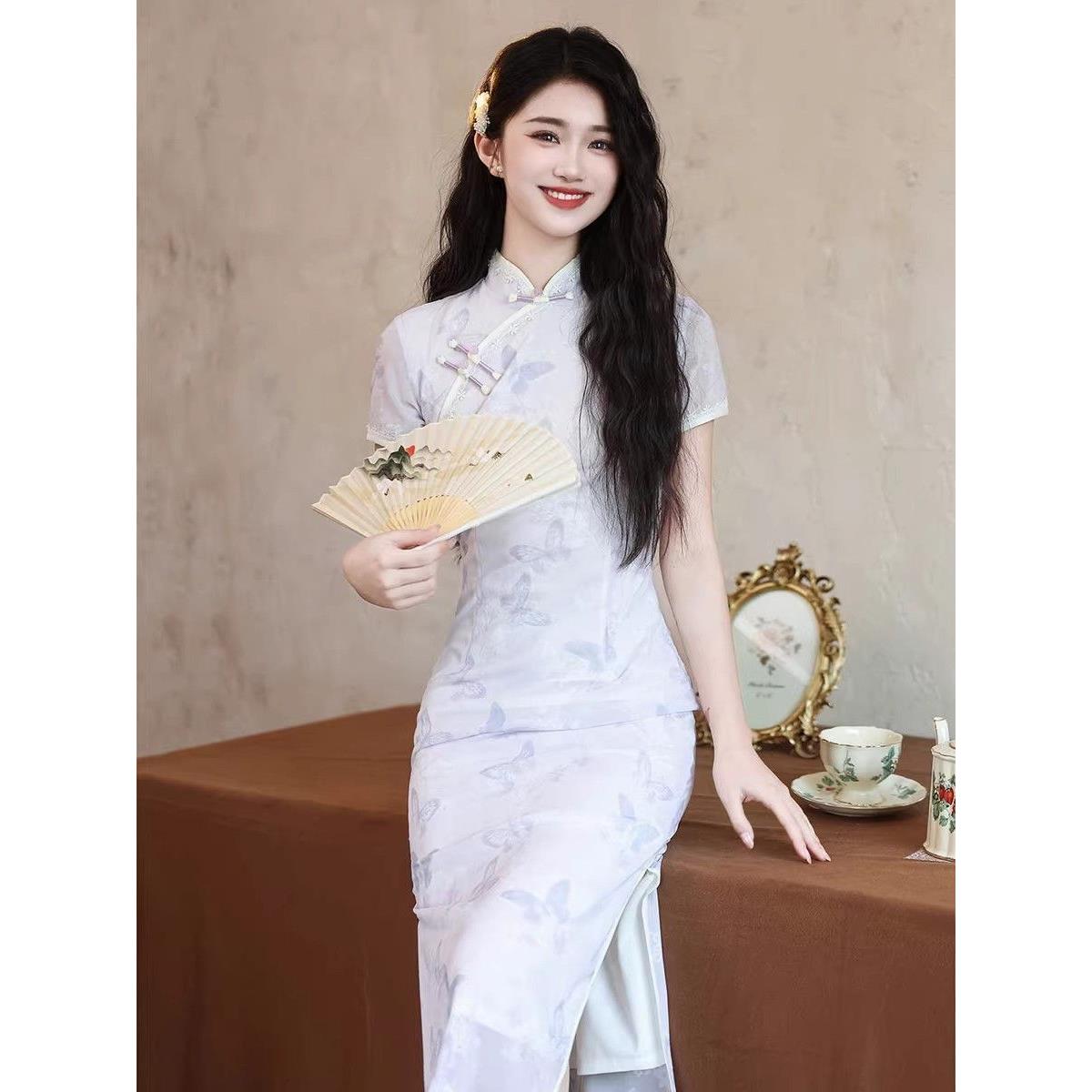 长款渐变旗袍淑女短袖国风气质春夏新新款连衣裙花边改良紫色中式