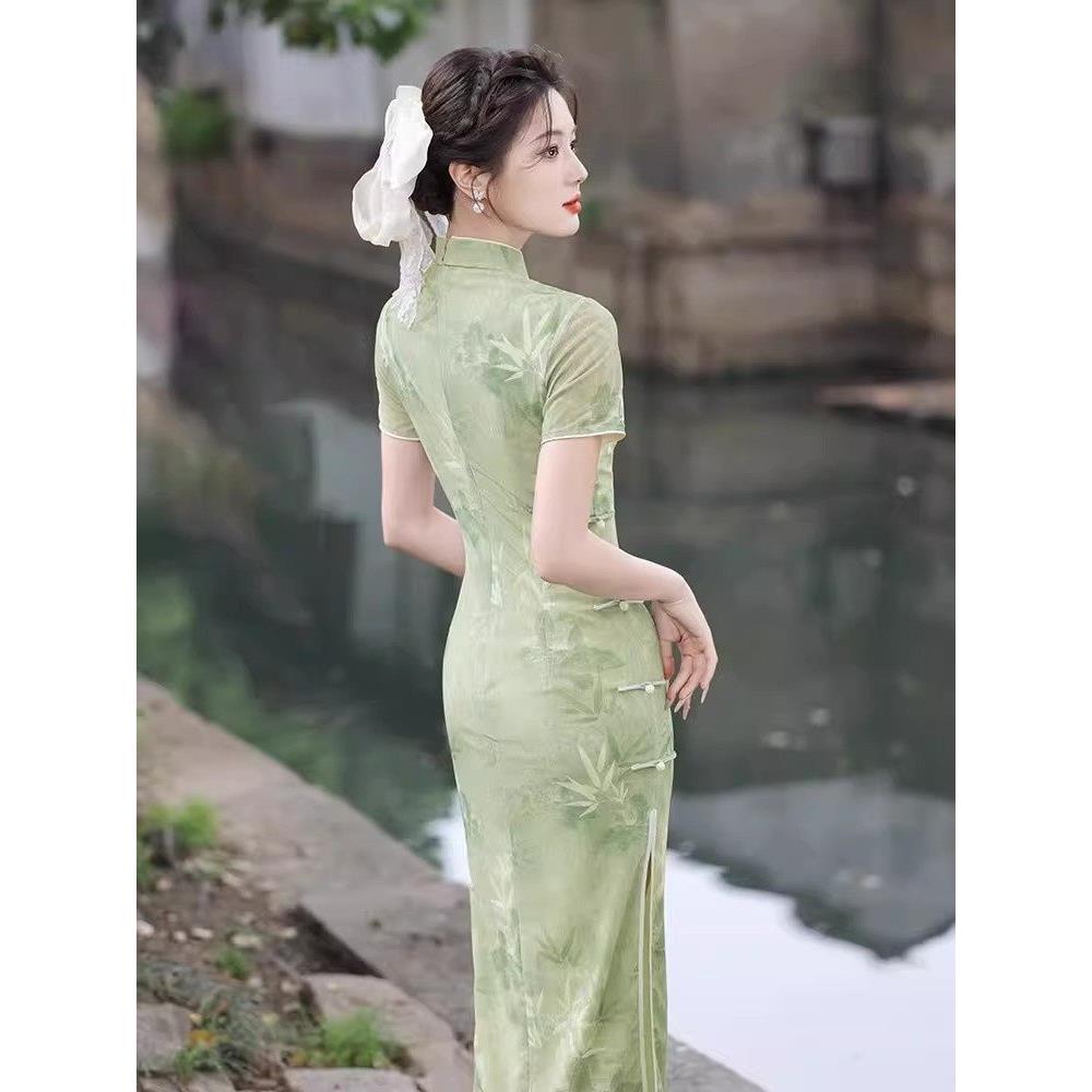 旗袍改良中长款绿淑女国风气质连衣裙送考敬酒中式优雅裙子千山新