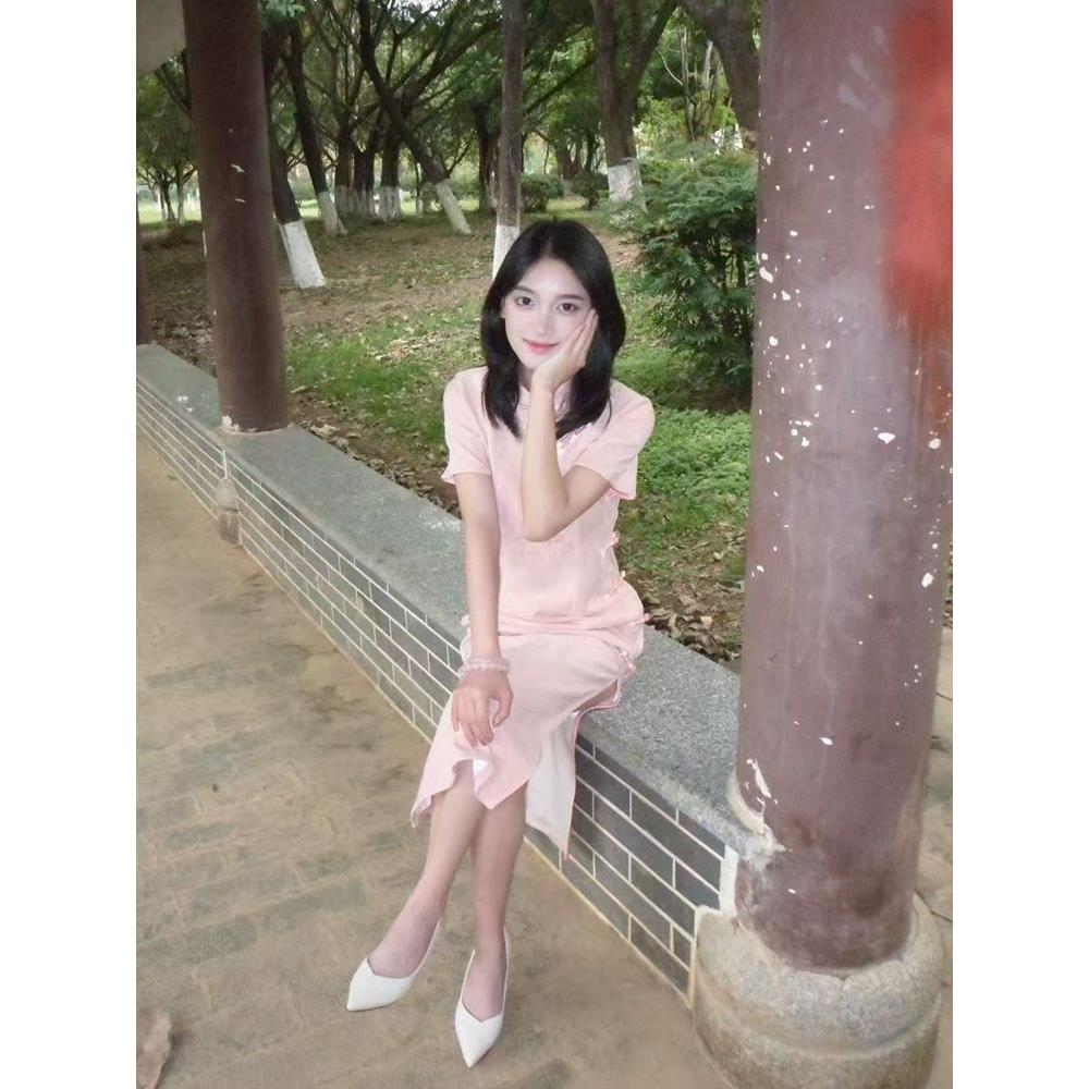提花连衣裙新款中长款气质夏季女短袖新橘旗袍国风中式高端粉色