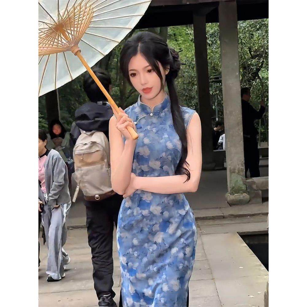气质中长蓝色旗袍无袖新款改良连衣裙印花显瘦夏季复古中式连衣裙