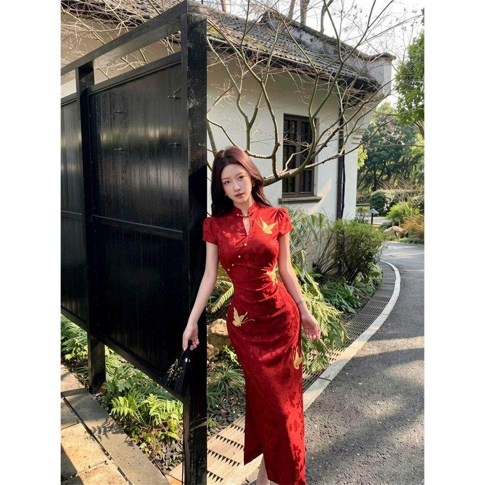 修身刺绣旗袍酒红领蝴蝶显瘦立领婚礼短袖连衣裙水滴复古宴会长款