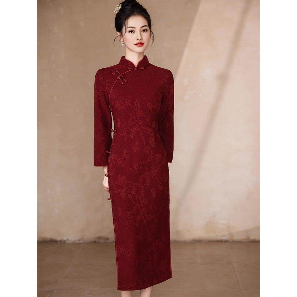 复古订婚保暖高级加厚新款旗袍加绒中式结婚红色秋冬礼服长袖