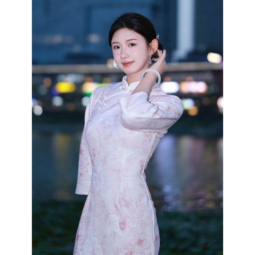 中长款粉色风旗袍蝴蝶淑女收腰温柔国风连衣裙气质提花改良版提花