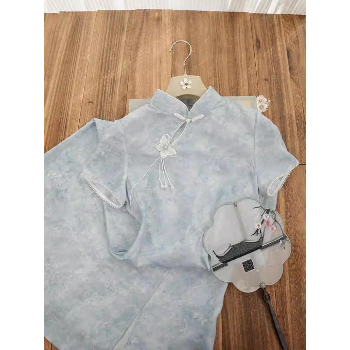款短袖聚会旗袍裙镂空夏季瘦长显感新款浅蓝色礼服修身裙高级名媛