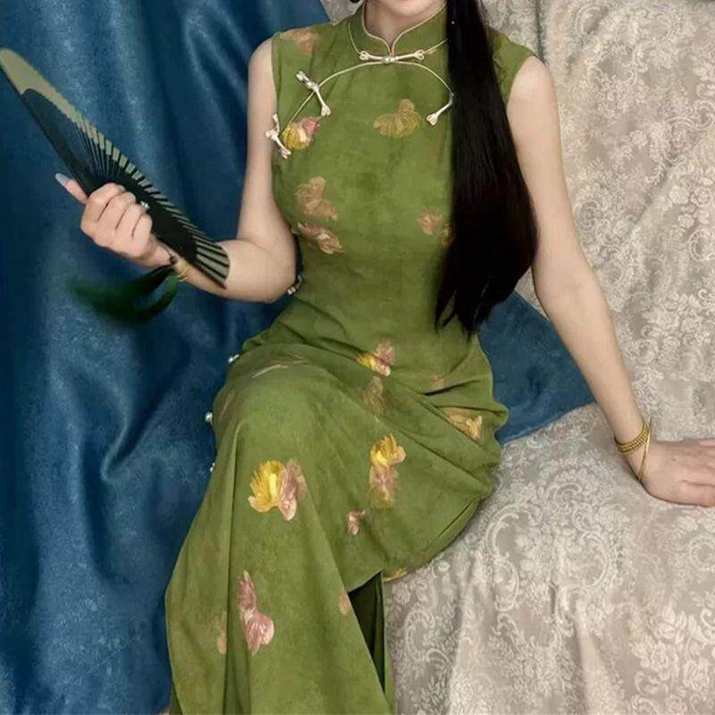 短袖气质中式新感氛围少女旗袍出游印花牛油果绿连衣裙复古立领