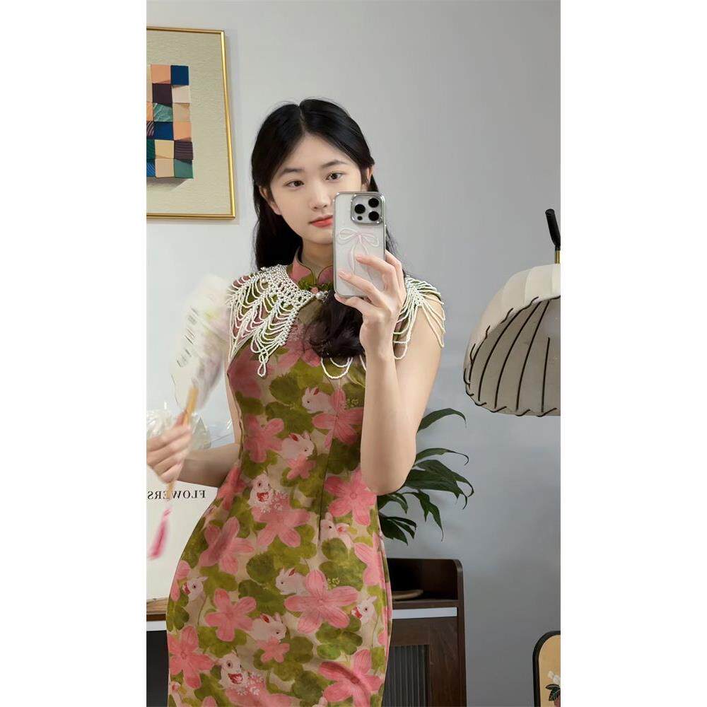 款瘦长修身少女荷花印花无袖显兔改良连衣裙旗袍国风清新款礼服