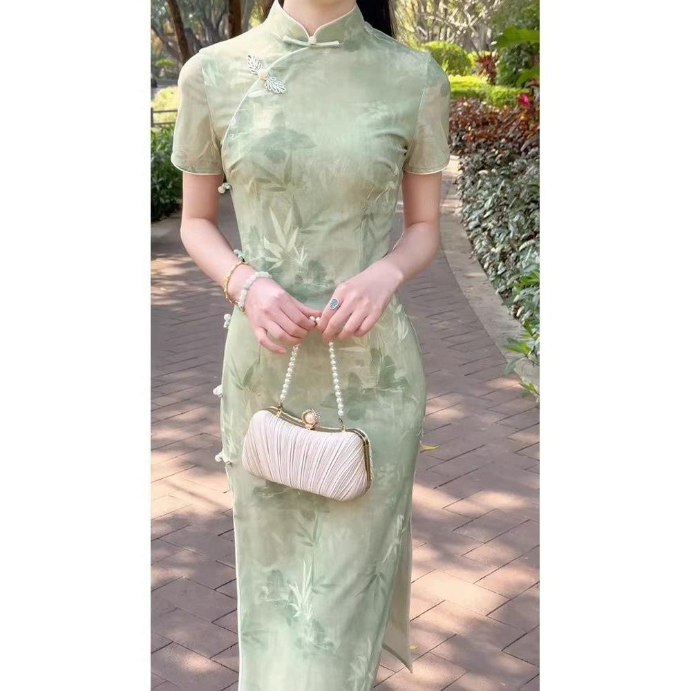 绿夏季日常考绝美敬酒感送氛围旗袍改良版短袖气质新款千山连衣裙