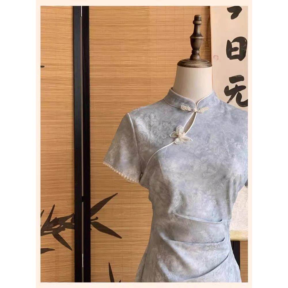 礼服夏季宴会旗袍连衣裙瘦长款改良短袖敬酒提花修身重工新款显