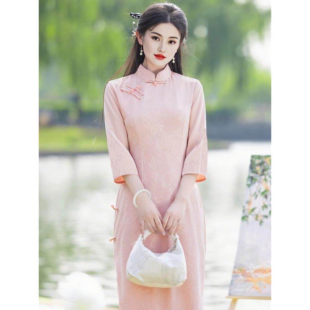 新款春秋连衣裙国风七分改良旗袍中式气质瘦旗袍裙改良版礼服袖显