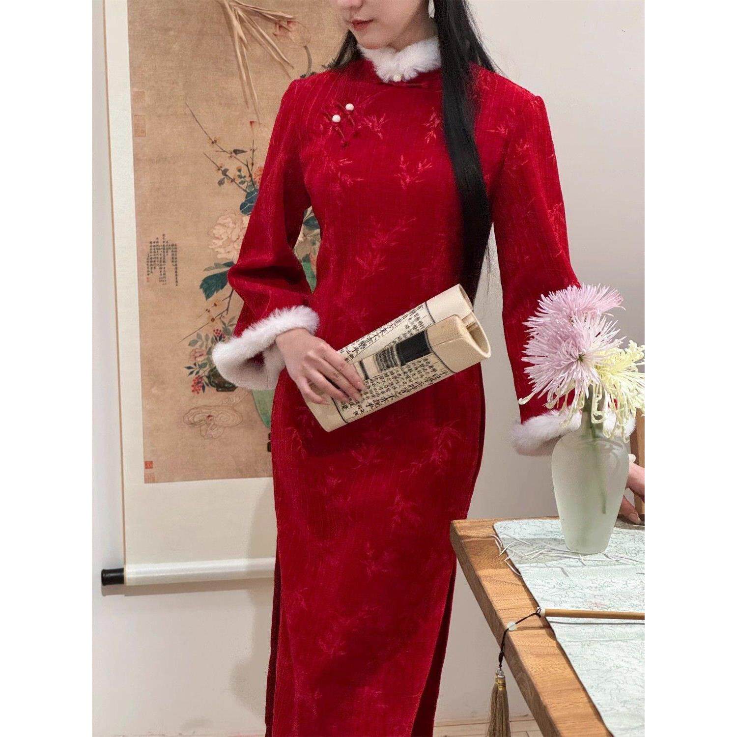 改良加绒厚款红色旗袍冬季雪尼尔2026订婚新款年轻加绒中式新娘