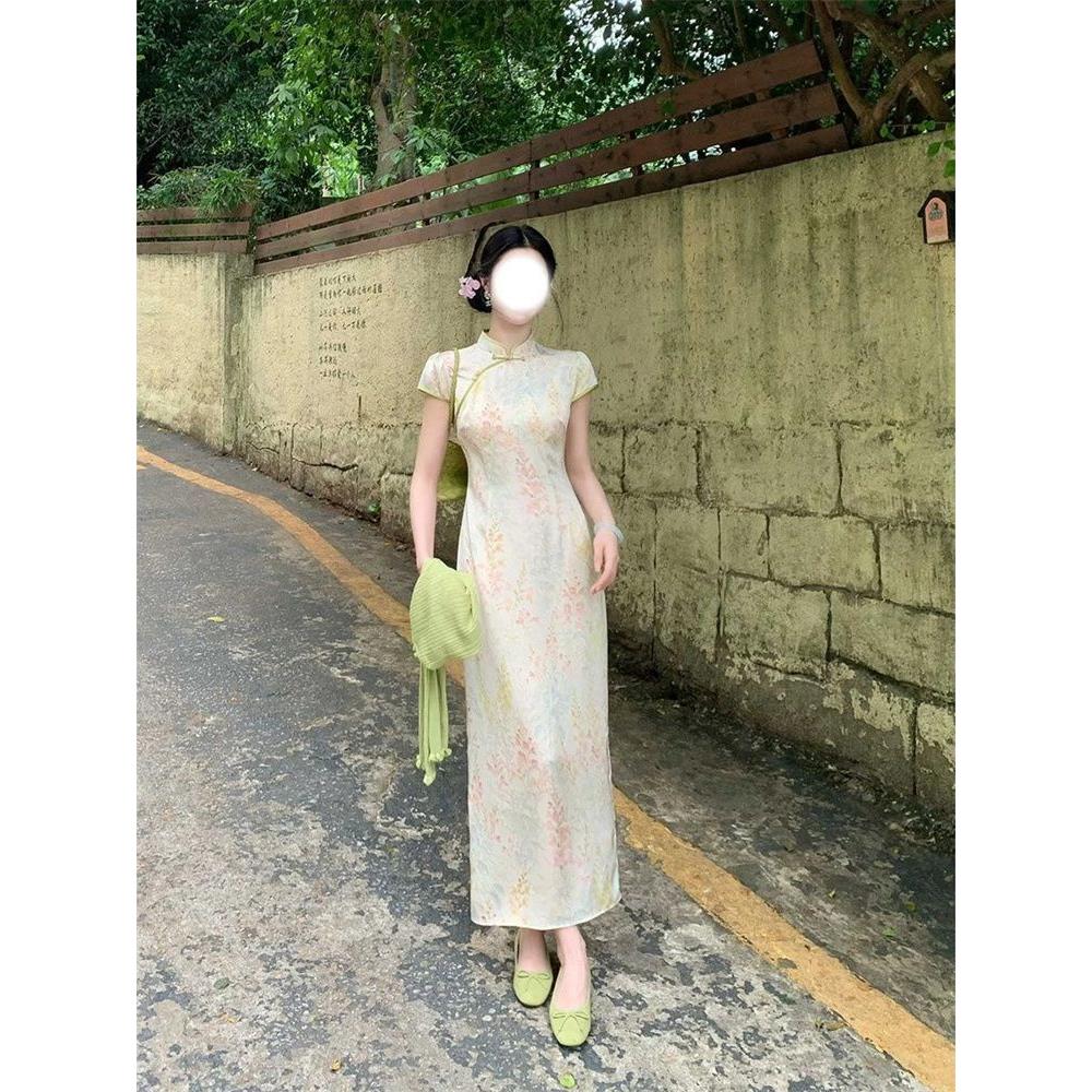 花卉钉珠盘清新中式新水墨开叉长裙复古春夏旗袍国风收腰出游扣