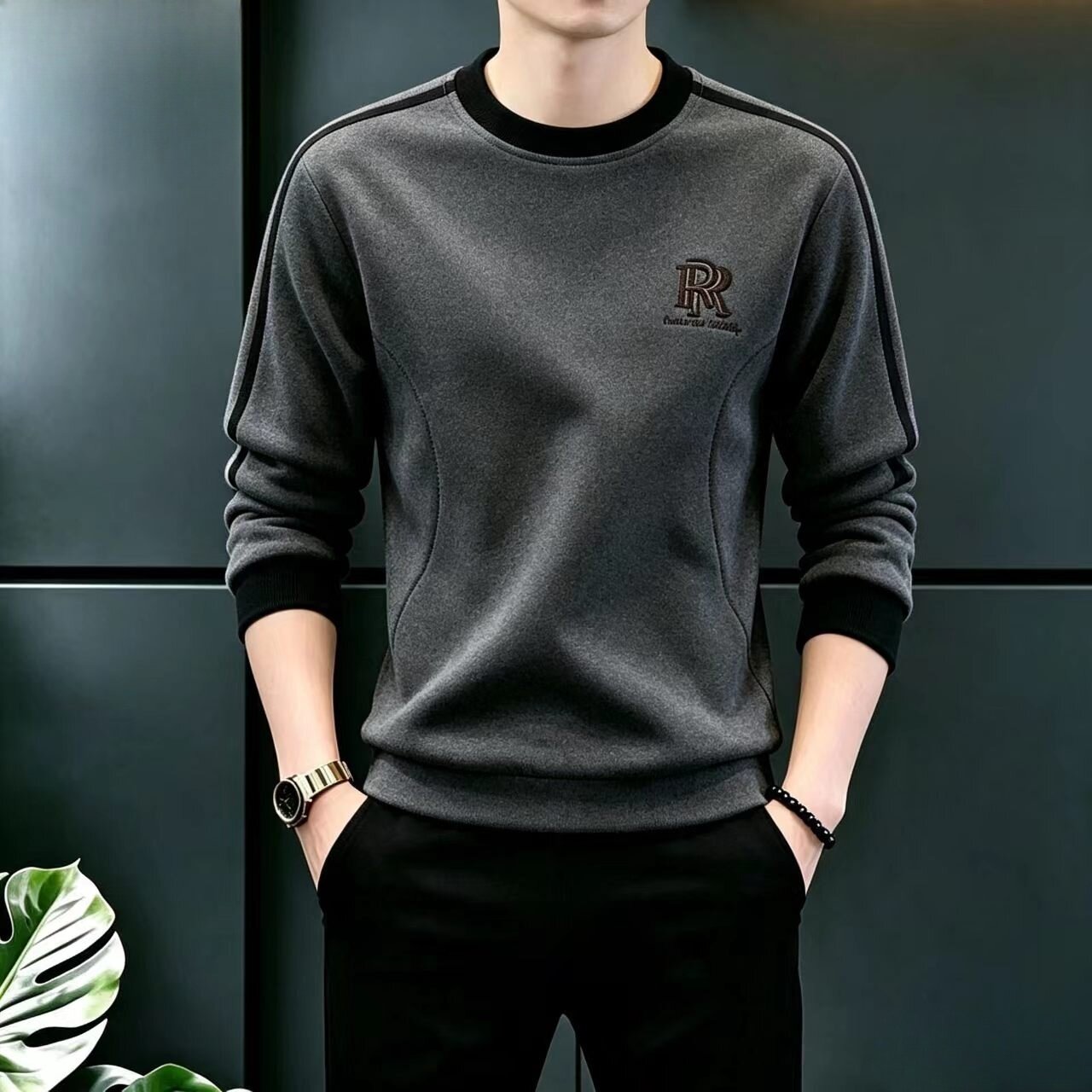 男士圆领卫衣长袖宽松百搭秋季拼接刺绣上衣大码时尚潮流休闲体恤