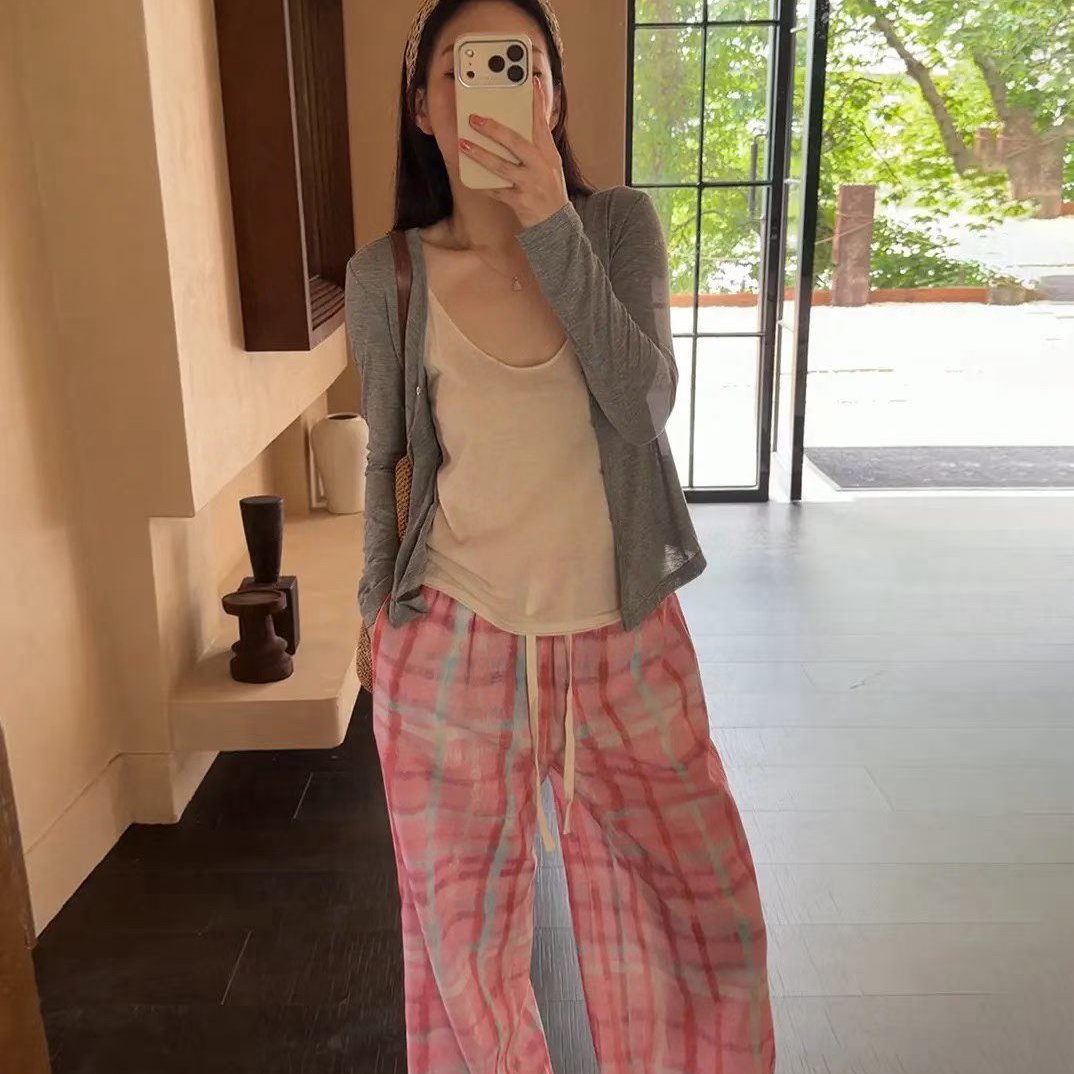 kumikumi自制休闲风长袖开衫内搭吊带背心女早秋格子阔腿裤三件套图片