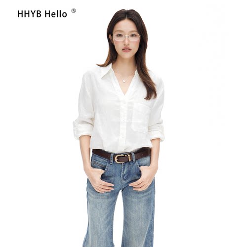 HHYB Hello简约百搭V领基础款长袖原麻衬衫 Q252004