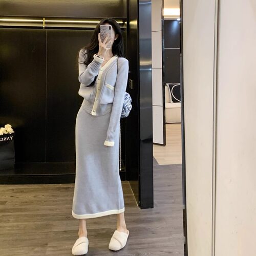 Leathercat小香风秋冬套装女高级感气质针织包臀裙盐系轻熟两件套