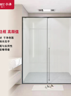 枪灰色极窄不锈钢一字型玻璃隔断卫生间推拉门浴室干湿分离淋浴房