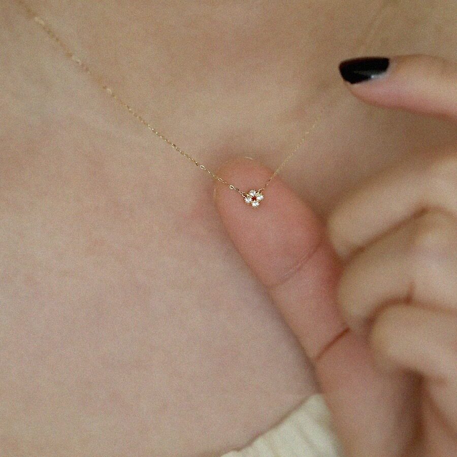 925纯银镀14K金迷你十字小花日系四叶草项链锁骨链吊坠项链女
