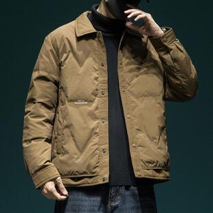 90鸭绒轻薄羽绒服男宽松大码2024冬季新款户外防风保暖衬衫领外套