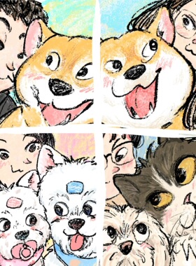 手绘宠物头像定制插画猫狗画像可爱搞怪抽象小狗猫咪插画