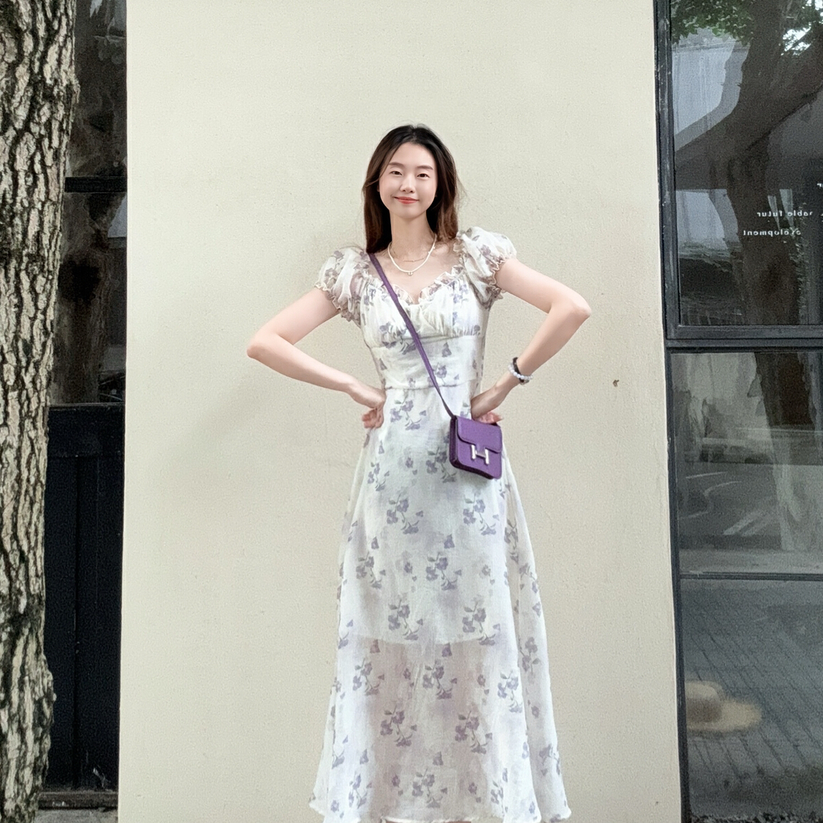 DARA ROSE-法式温柔风高级感V领短袖碎花收腰显瘦气质A字中长款连