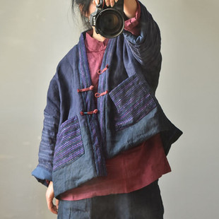 中国风棉服女藏蓝色复古土布拼接汉服唐装棉袄短款极简禅意棉衣冬