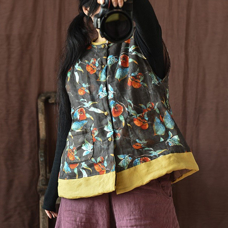 亚麻印花夹棉女式马甲文艺花布盘扣保暖复古棉背心中式唐装棉坎肩