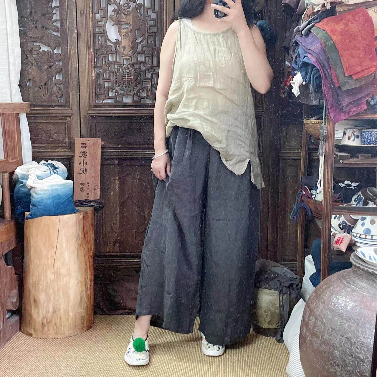 宽松阔腿裤女亚麻九分裤