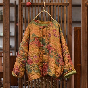 苎麻印花小棉袄文艺复古宽松大码花布棉衣棉服女民族风温柔风花袄
