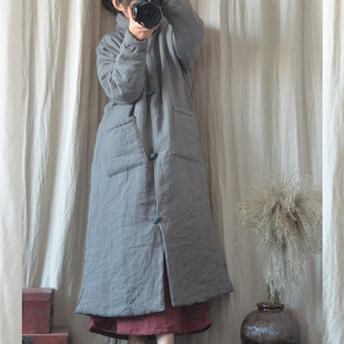 民族风棉麻外套冬季苎麻棉袍女中式盘扣夹棉大衣长款翻领棉袄长袍