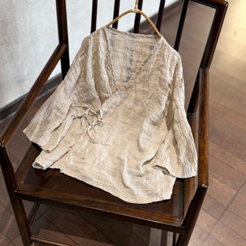 纯亚麻女长袖V领汉服衬衫薄款