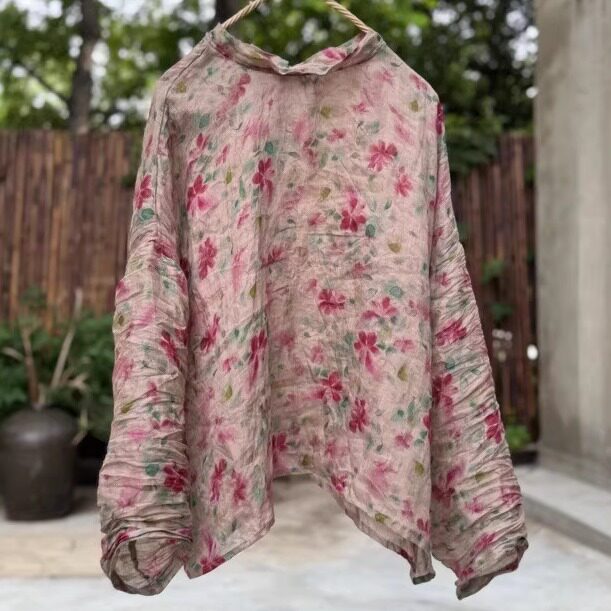 薄款苎麻上衣女 夏季防晒长袖衬衫衬衣花边领T恤印花小衫凉感文艺