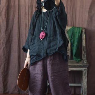 早秋初夏季高端苎麻小衫女自制轻薄款亚麻上衣衬衫宽松短开衫文艺