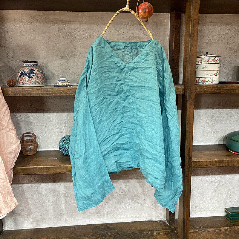 夏季防晒清凉小衫轻薄款苎麻上衣长袖女文艺V领休闲衬衫衬衣T恤秋