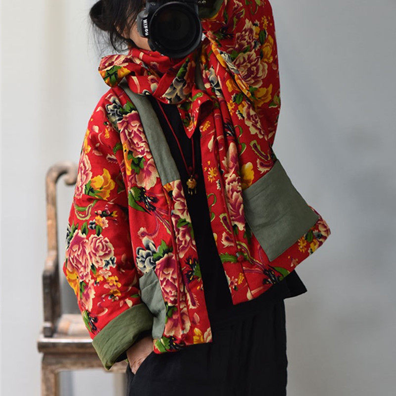 东北民族风印花棉袄女冬季加厚保暖棉衣大红大绿老花布袄子怀旧风
