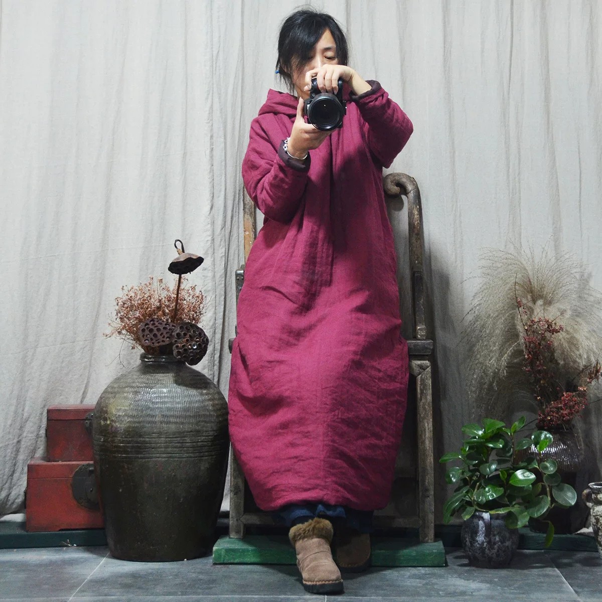 秋冬加厚民族风连帽棉袍女睡袍