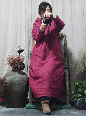 秋冬加厚民族风连帽棉袍女睡袍