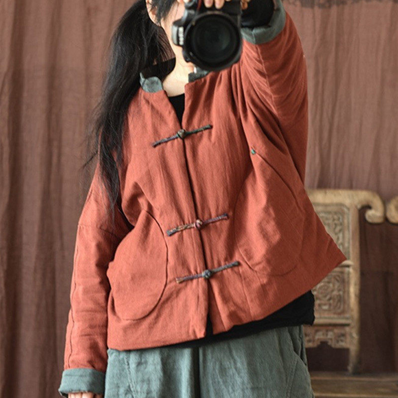 民族风小棉袄女棉麻唐装冬季夹棉外套文艺复古原创盘扣短棉衣宽松