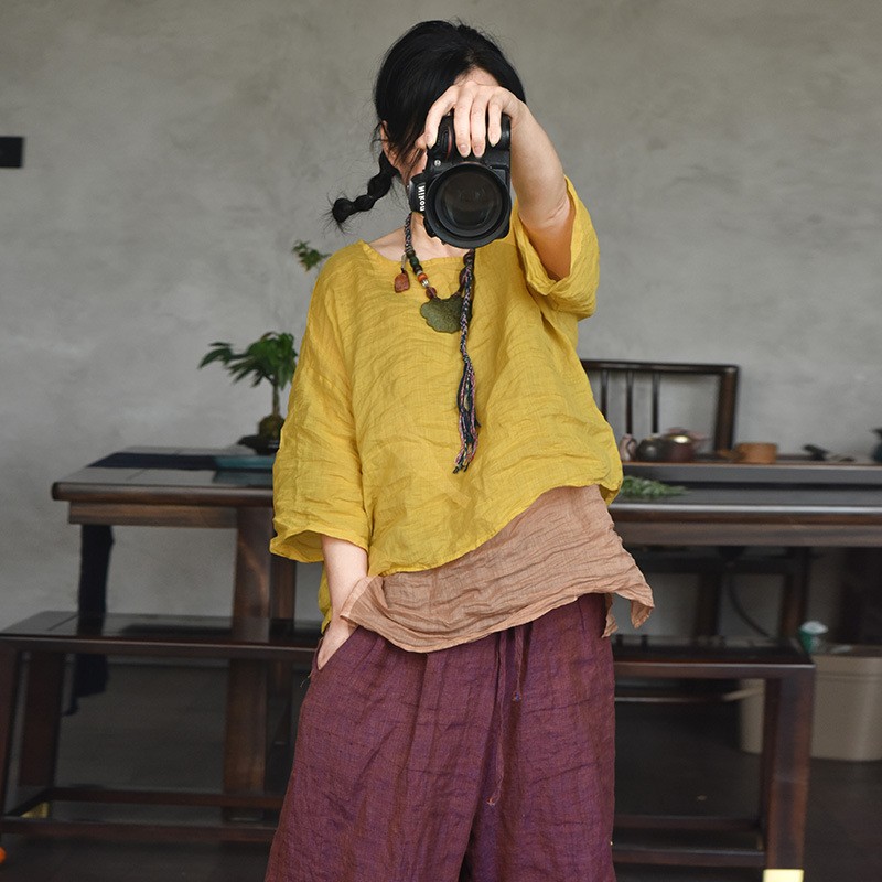 吕家小院文艺苎麻女装秋夏季短款上衣轻薄圆领T恤小衫宽松六分袖