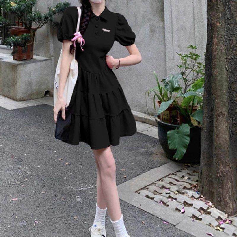 大码连衣裙夏胖mm显瘦减龄韩系洋气polo领玫红色泡泡袖荷叶边裙子