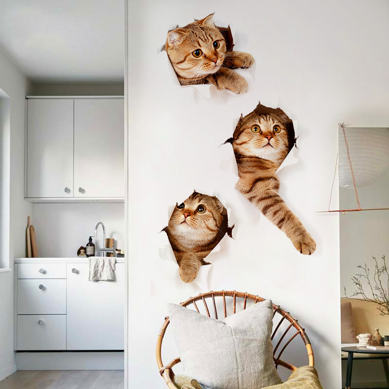3D立体仿真可爱小猫墙贴纸自粘可移除休闲区墙壁装饰贴画卡通防水图片
