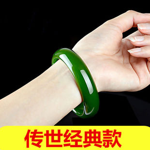 新疆和田玉碧玉手镯女款扁条宽菠菜绿天然正品翡翠冰底真玉石镯子